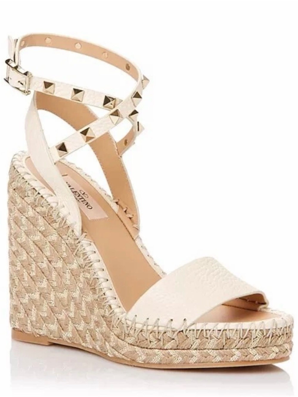 Valentino Garavani Ivory Leather Studded Espadrille Wedge Sandals 35